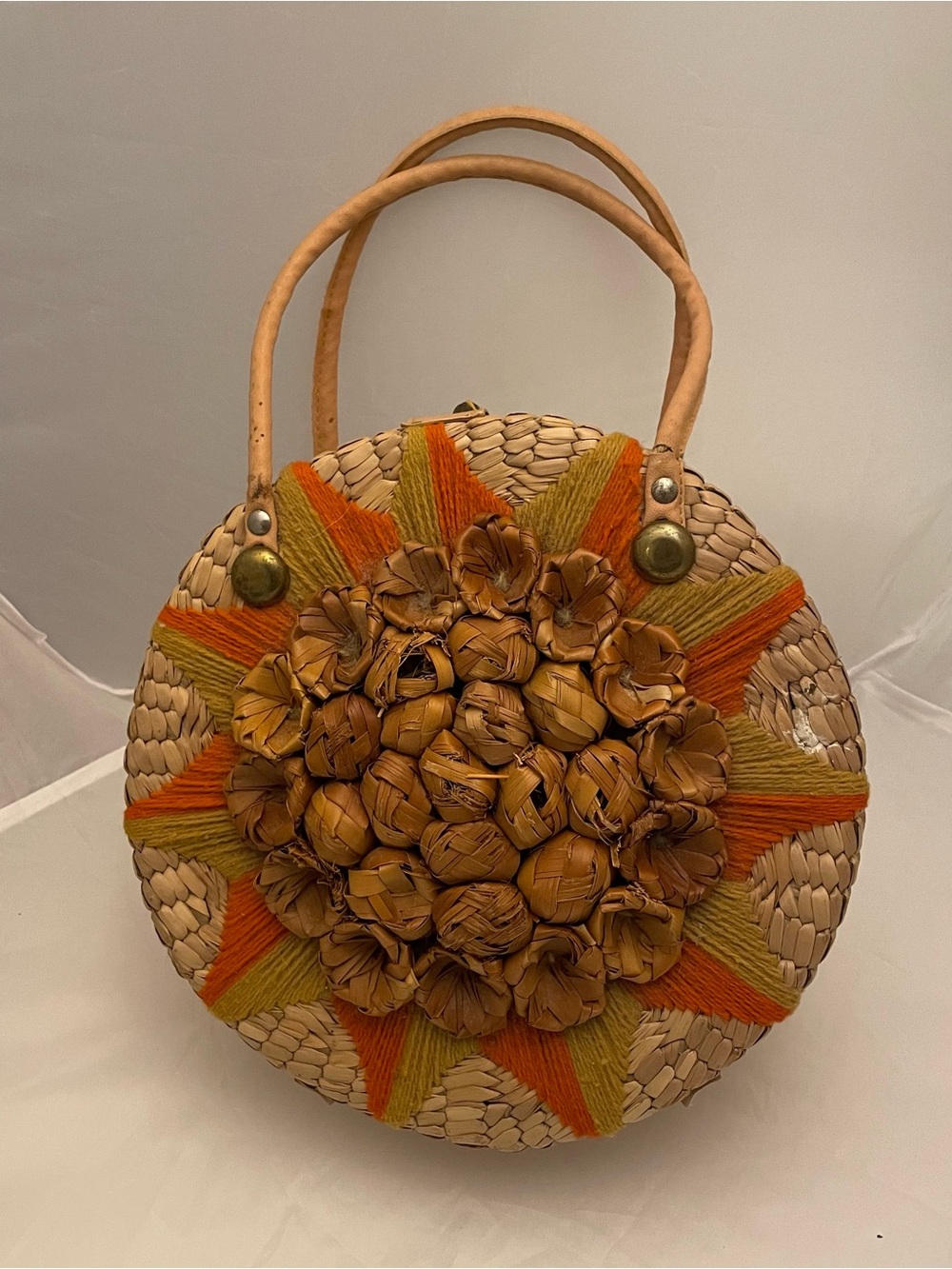 Vintage Round Woven Straw Tote , Handbag with Orange and Tan Yarn Floral Detail
